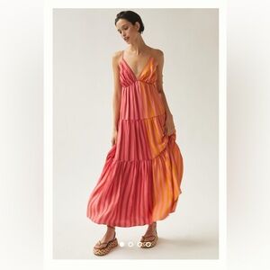 Anthropologie x Farm Rio Striped Maxi Dress Deep V Tropical Sundress Size XL NWT